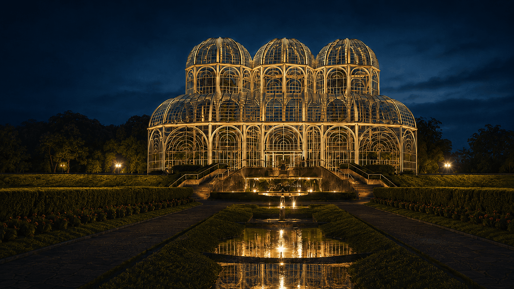 Estufa do Jardim Botânico de Curitiba ao anoitecer