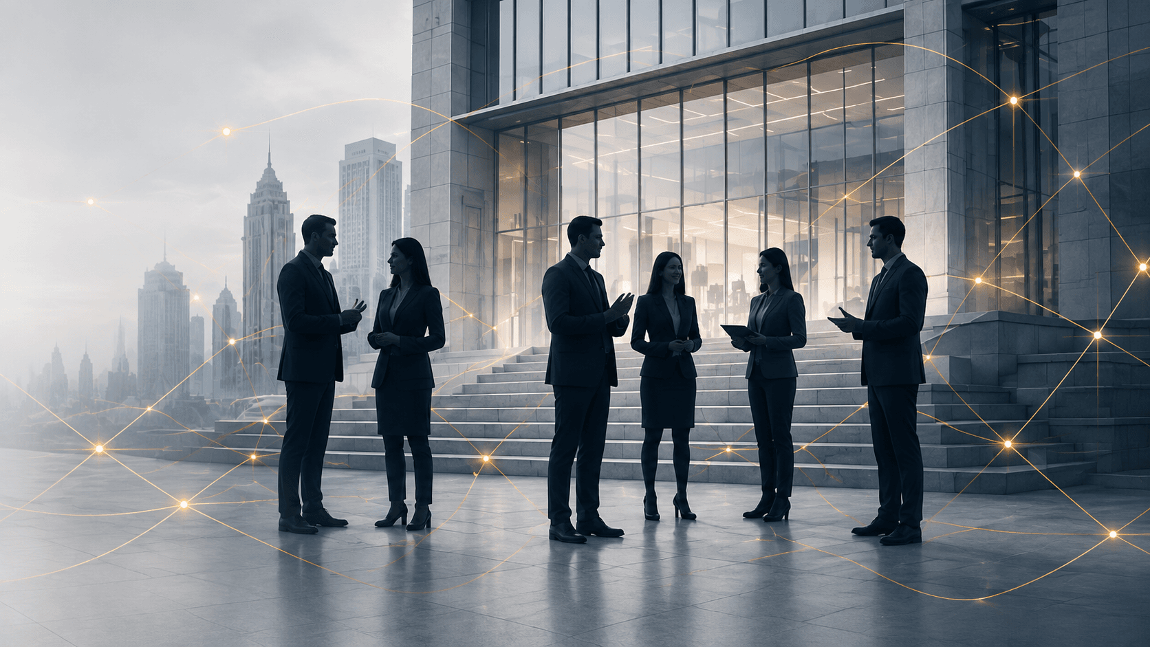 Profissionais reunidos diante de uma fachada corporativa moderna